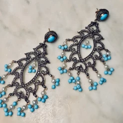 Tuxedo Park Junk Shop Diamond Pearl And Turquoise Chandelier Earrings Jewelry